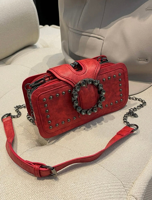 Mini  Studded & Buckle Square Clutch-Red