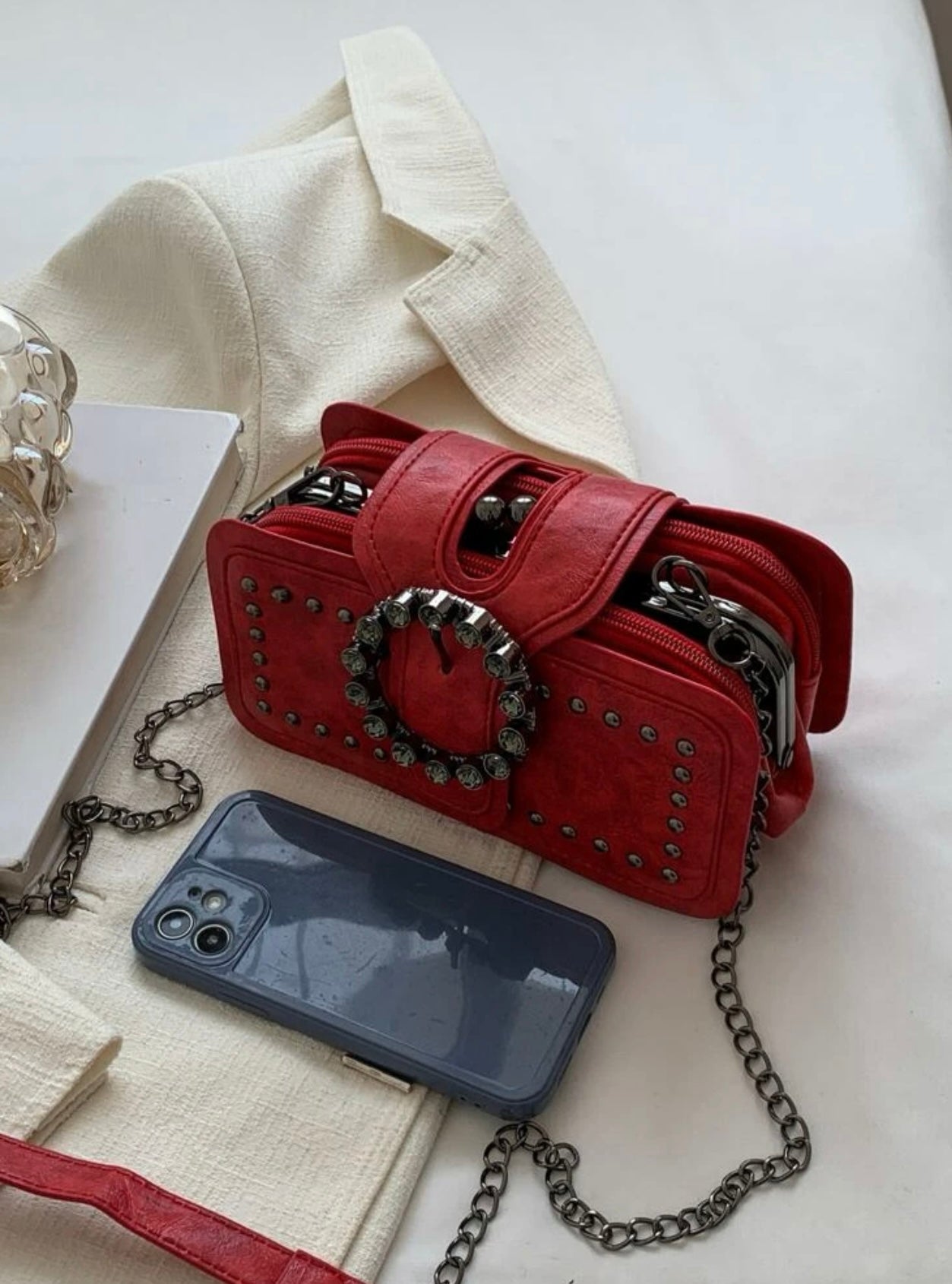 Mini  Studded & Buckle Square Clutch-Red