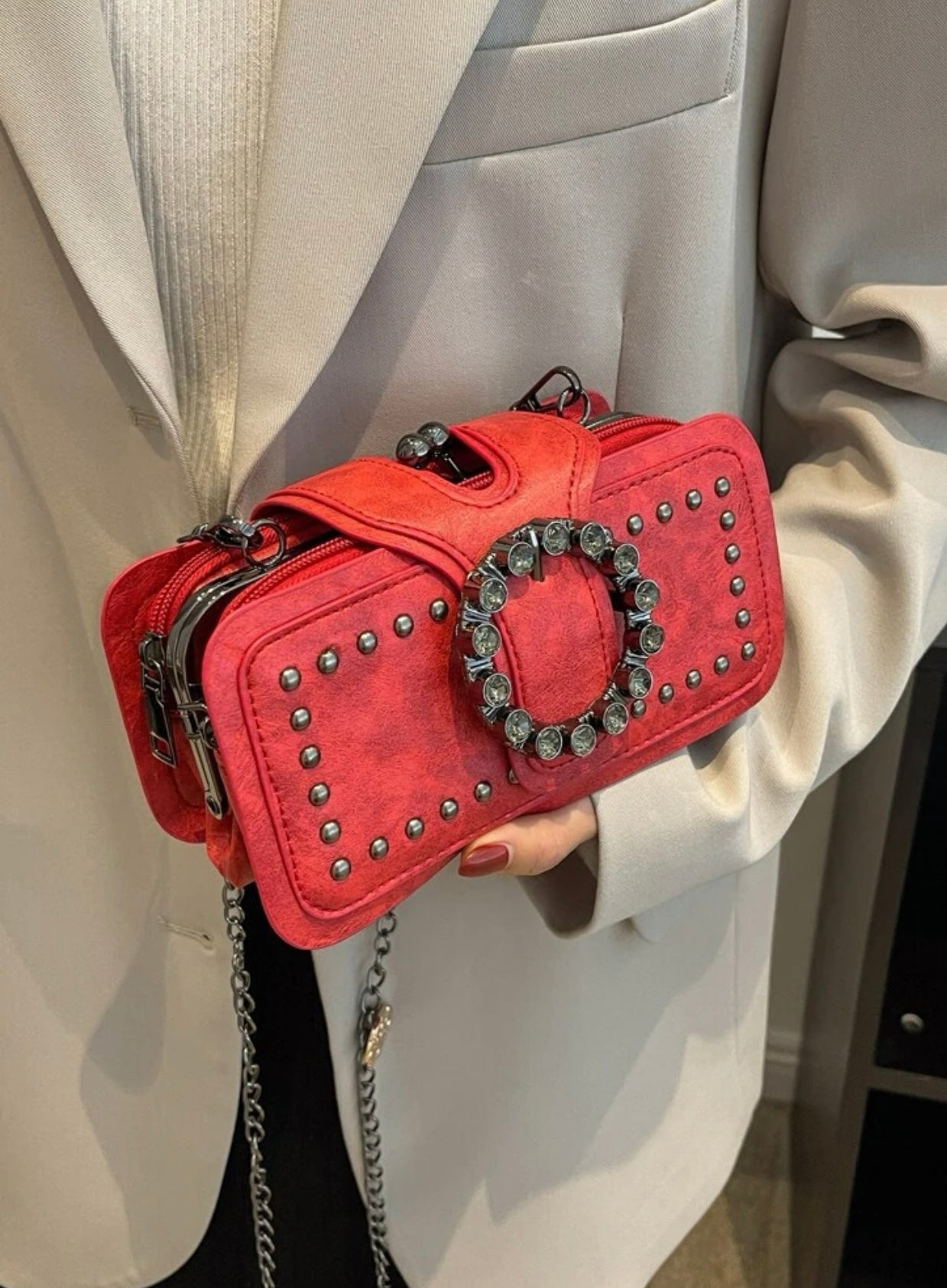 Mini  Studded & Buckle Square Clutch-Red