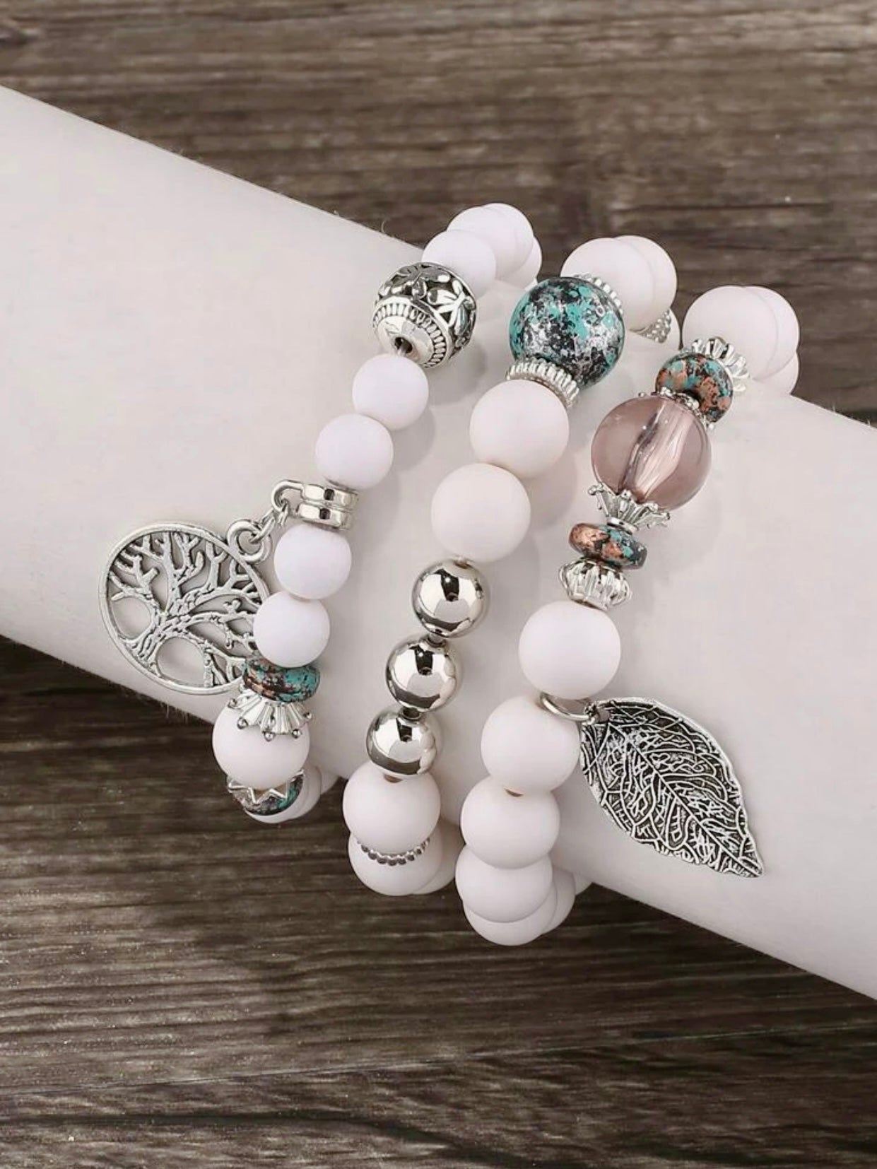 3 Pc Leaf and Tree Charm Beaded Bracelets