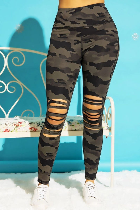 Camo Leggings with Laser Cut Rips