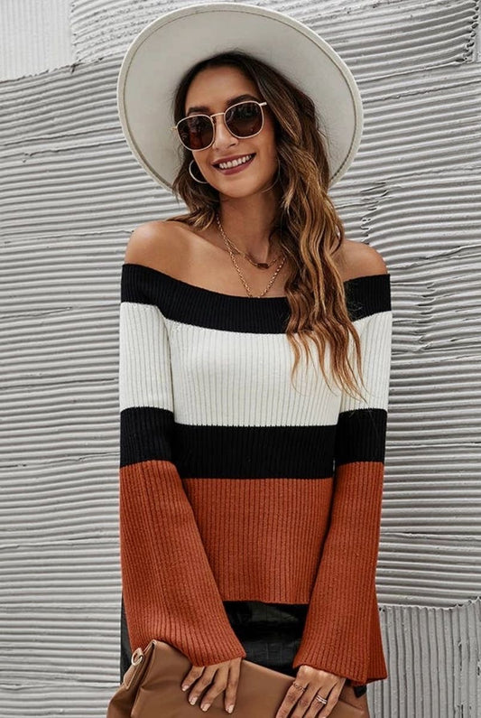 Color Block off the shoulder Sweater