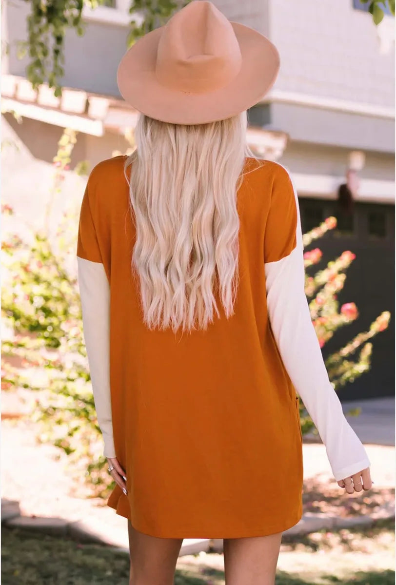 Color Block Long Top/Dress with Pockets