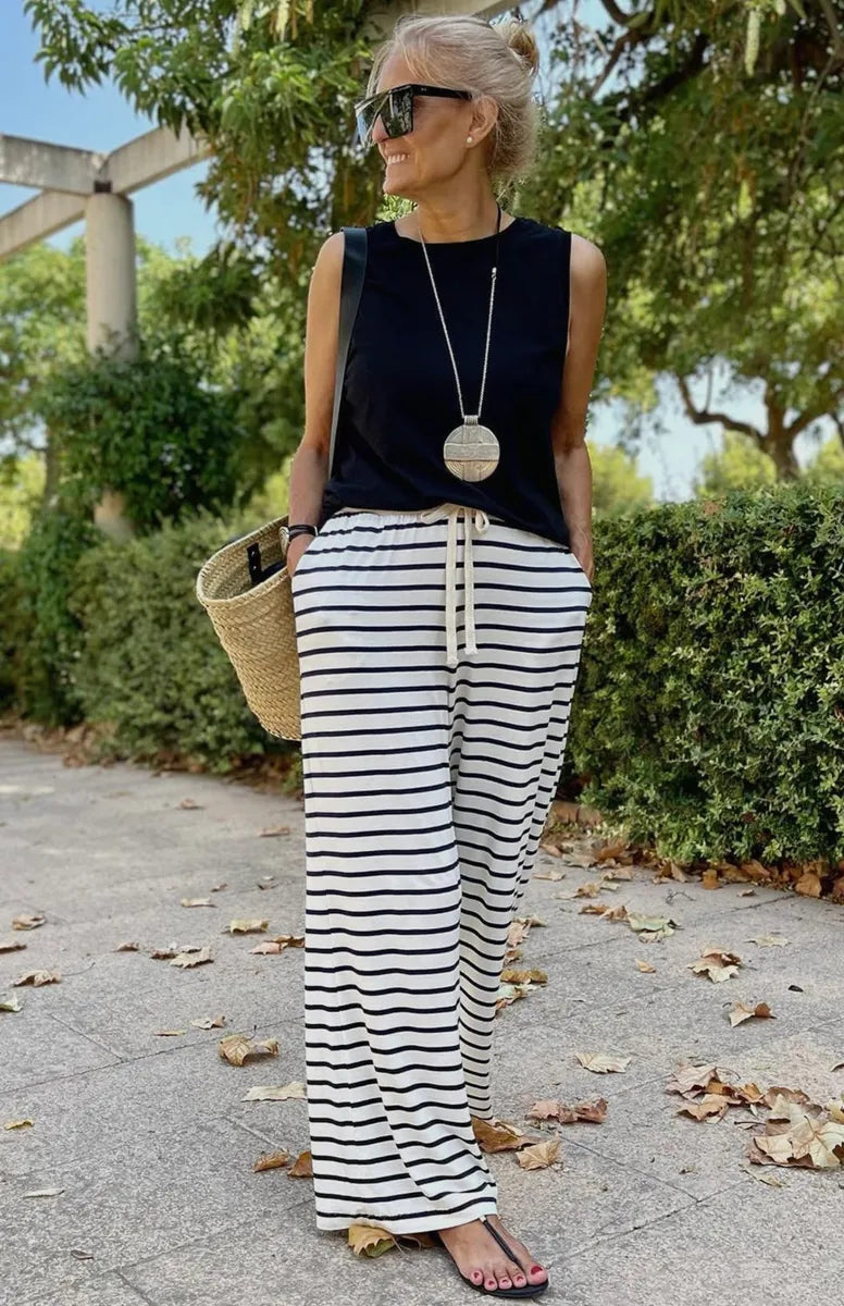 Drawstring Striped Wide Leg Pants