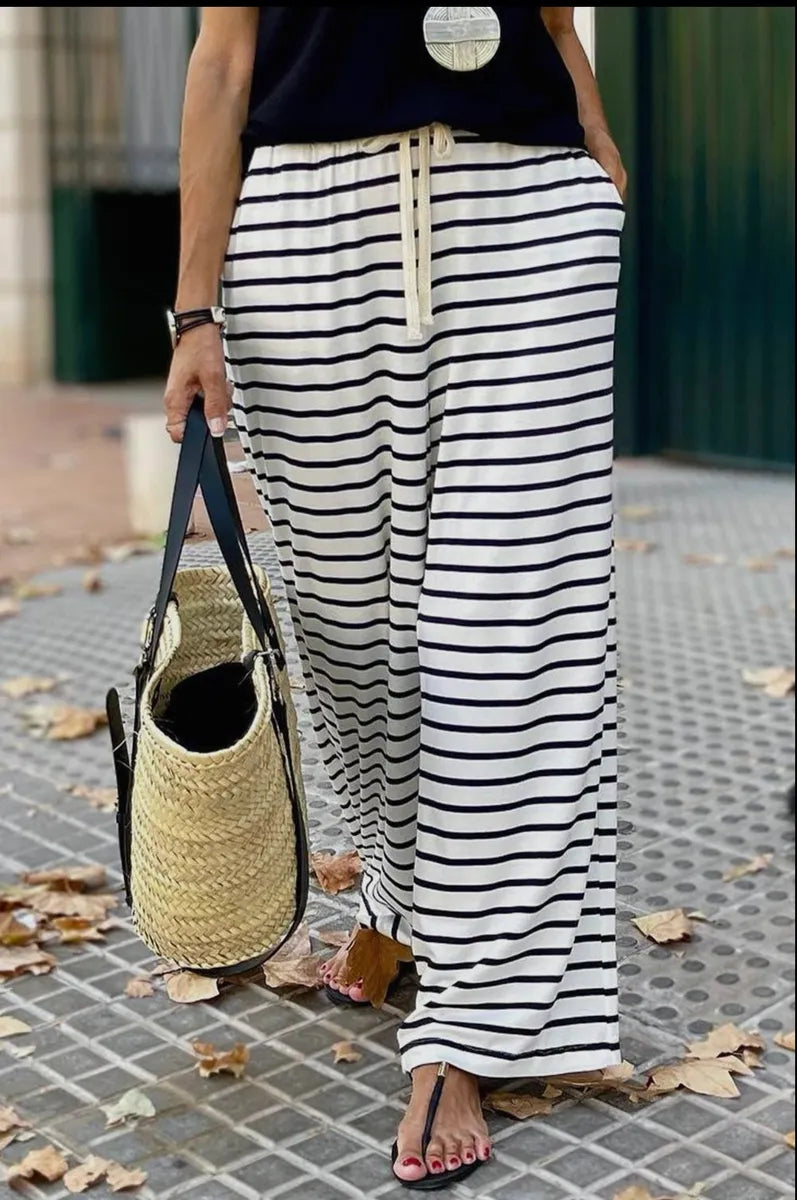 Drawstring Striped Wide Leg Pants