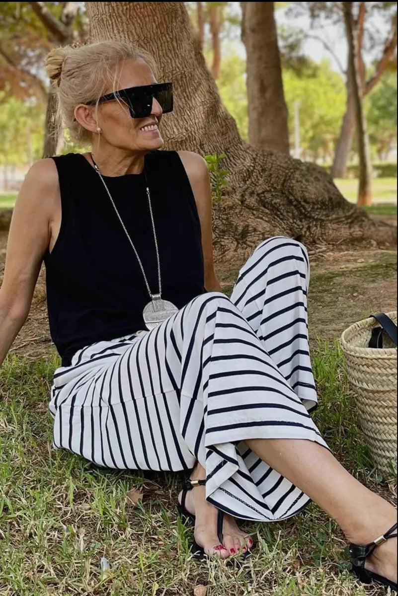 Drawstring Striped Wide Leg Pants