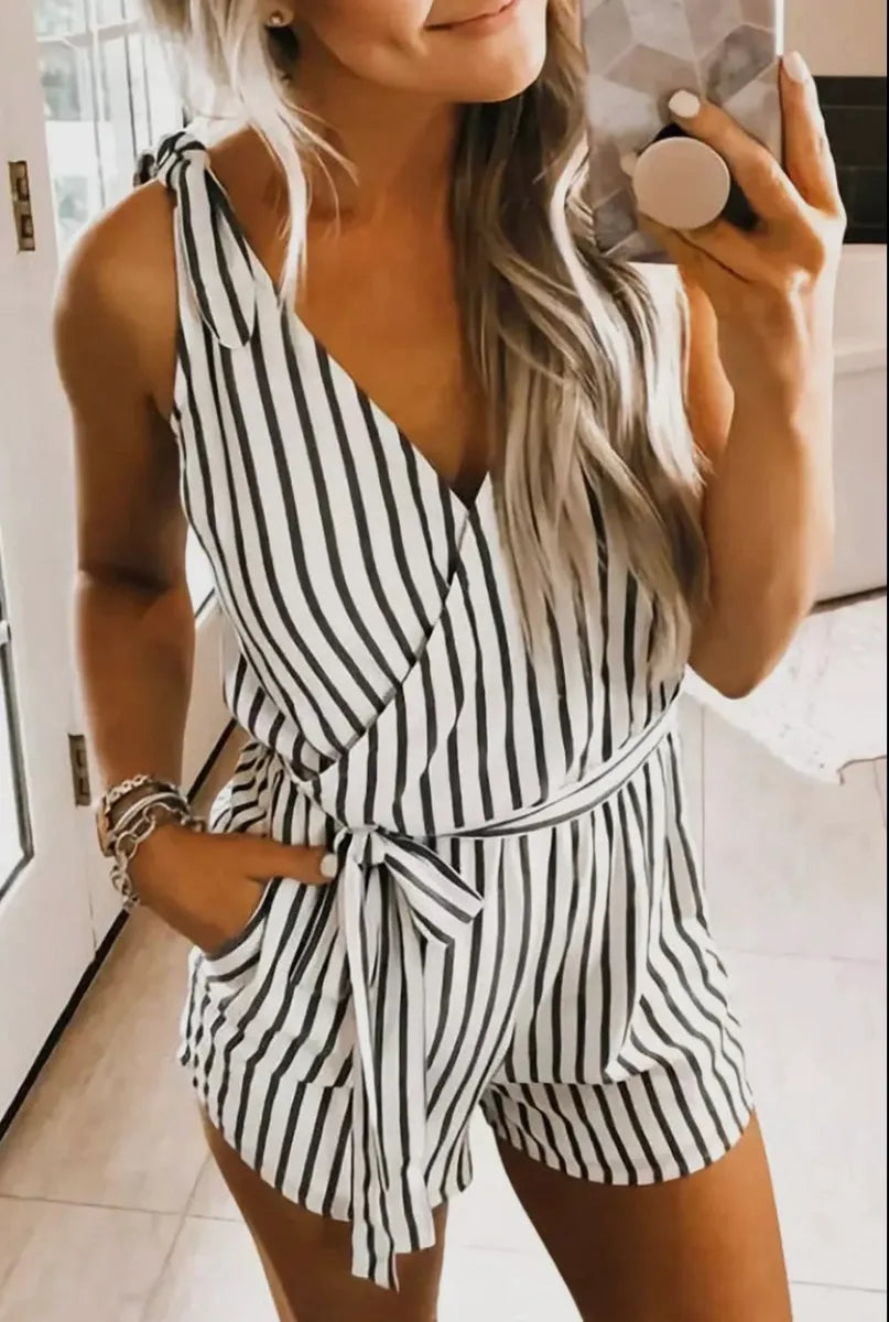 V Neck Stripped Romper