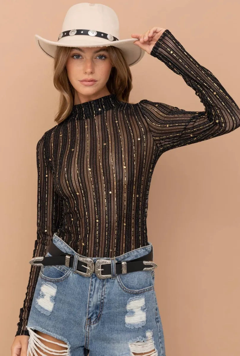 Metallic Star/Stripe Mesh Top