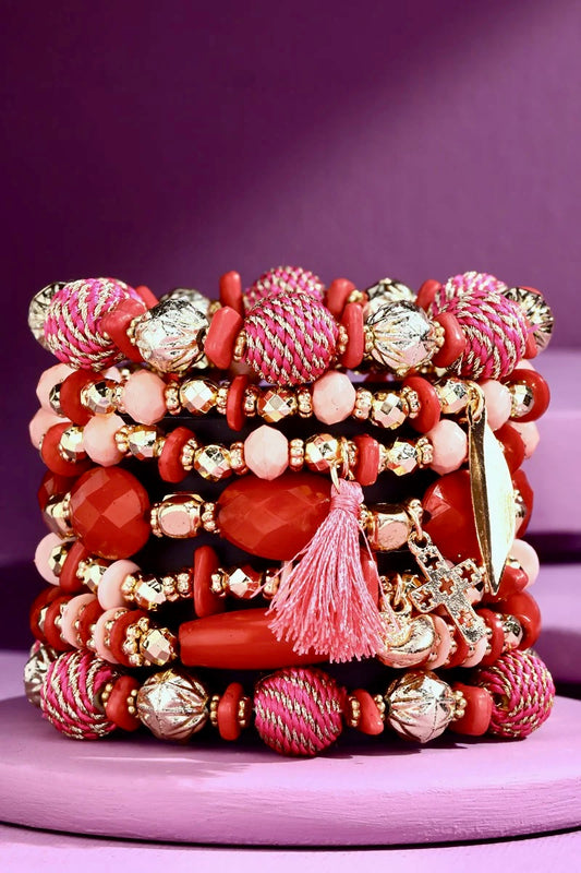 7 Strand Mixed Bead Bracelet with Accent Tassel-Pink