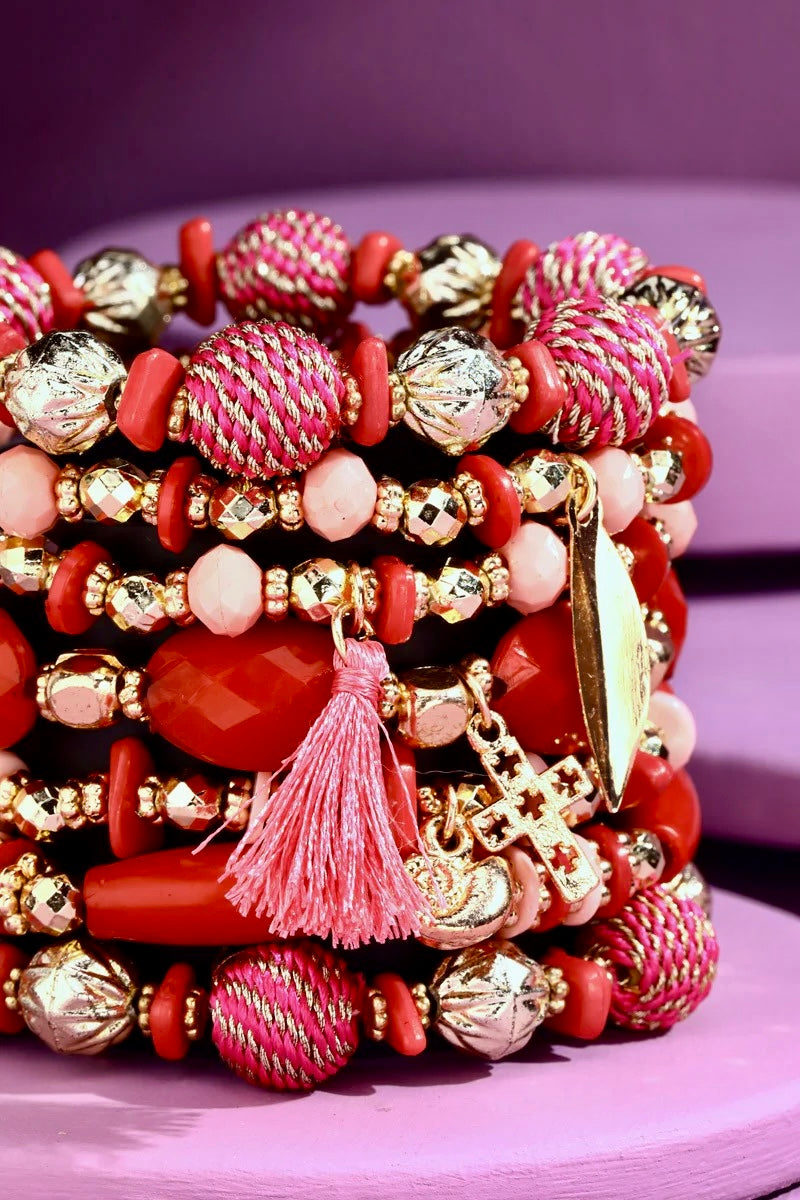 7 Strand Mixed Bead Bracelet with Accent Tassel-Pink