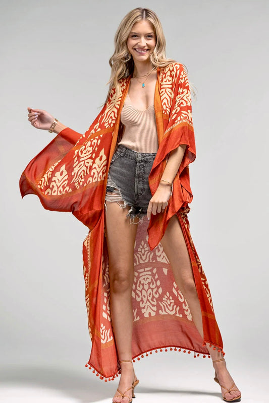 Damask Print Kimono with Sleeves