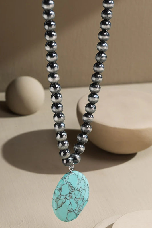 Metallic Ball Bead Necklace with Stone Pendant