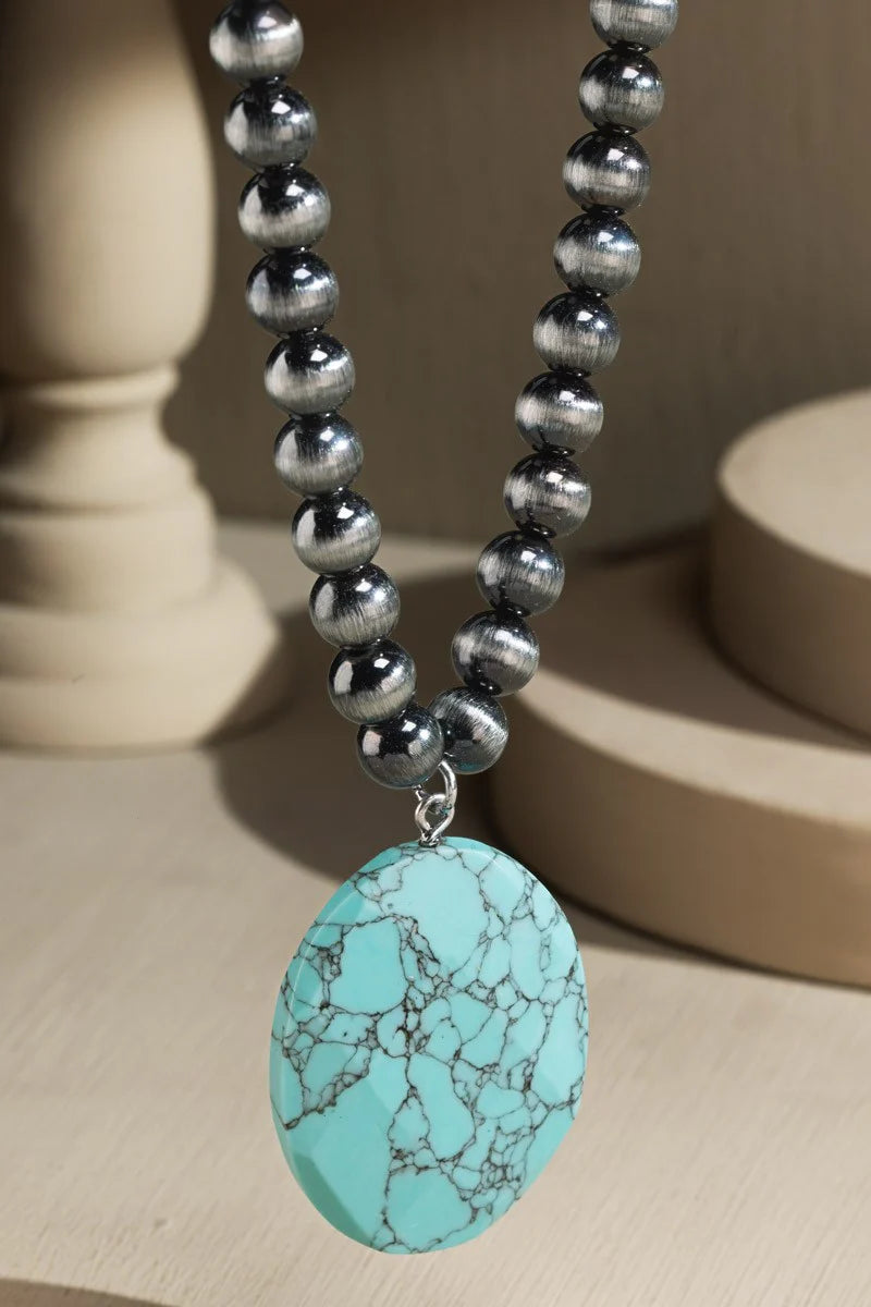 Metallic Ball Bead Necklace with Stone Pendant