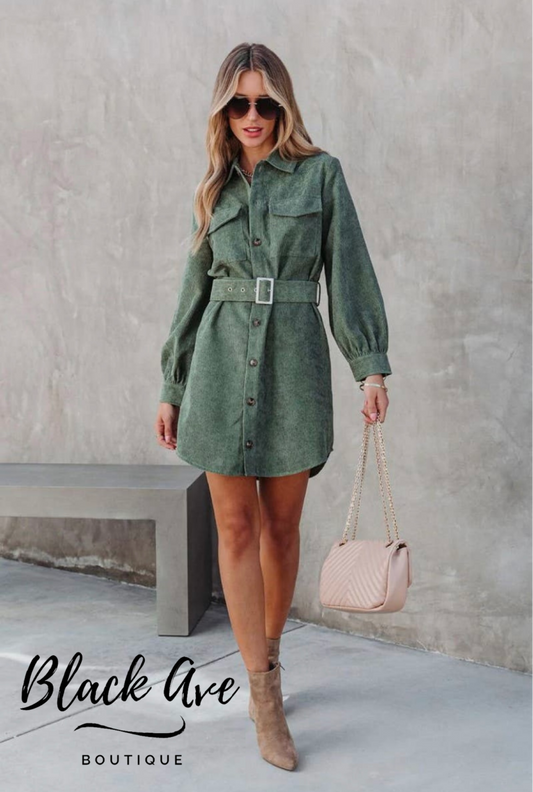 Button Down Corduroy Belted Dress